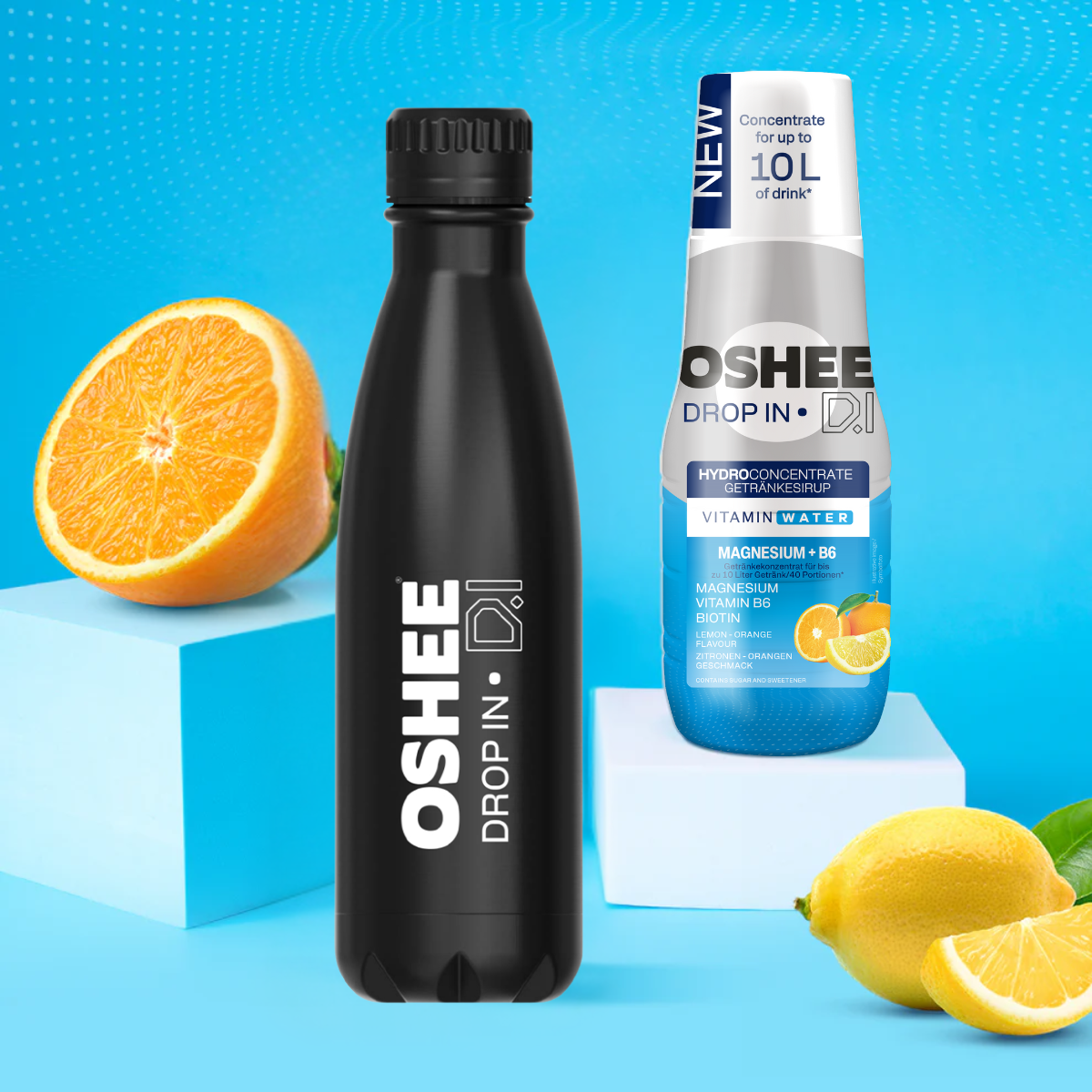 Getränkesirup OSHEE DROP IN Zitrone-Orange – Vitamine und Magnesium – 500 ml + Thermosflasche aus Edelstahl, schwarz, 500 ml