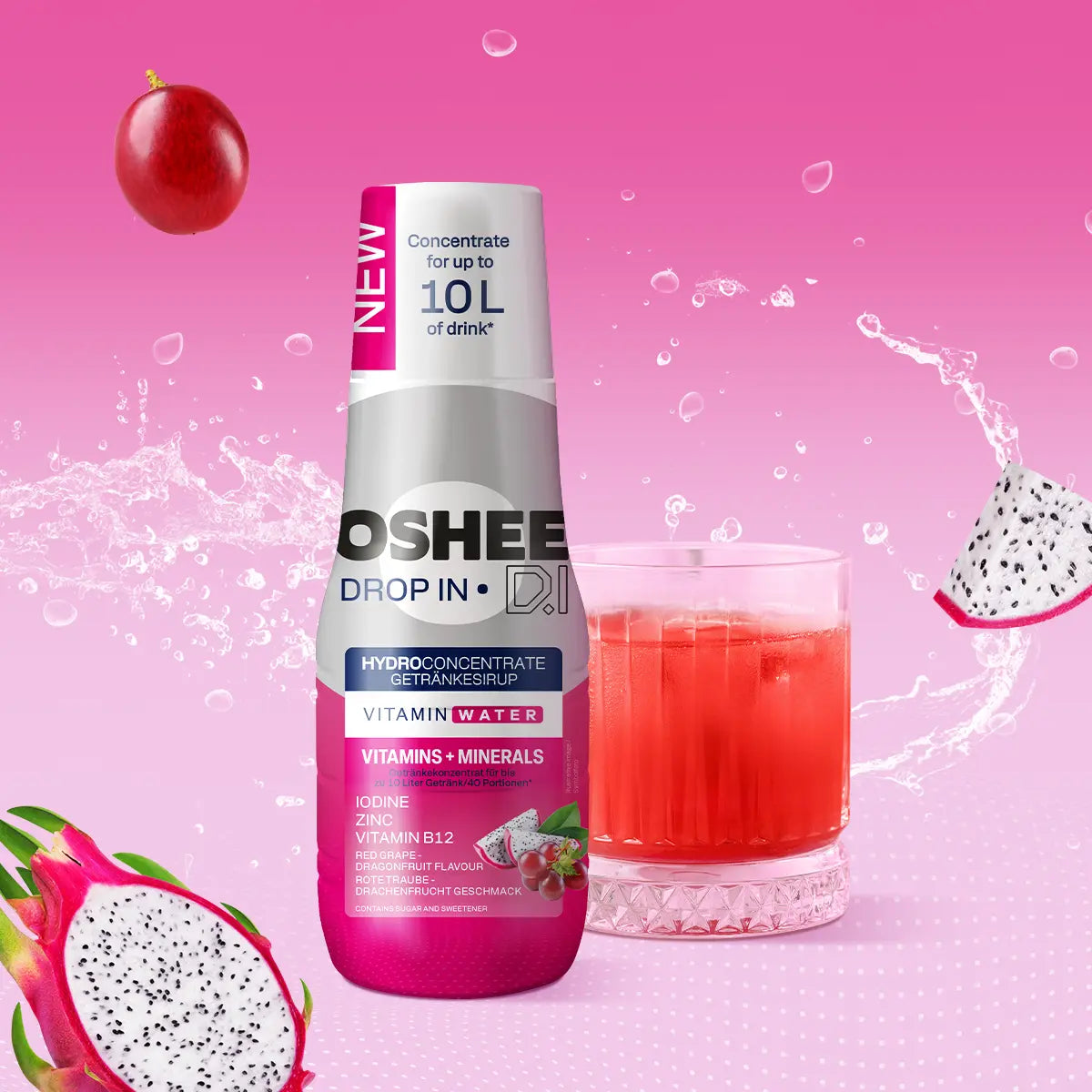3 x OSHEE DROP IN Beverage Syrup Red Grape-Dragon Fruit – Vitamins and Minerals – 500 ml
