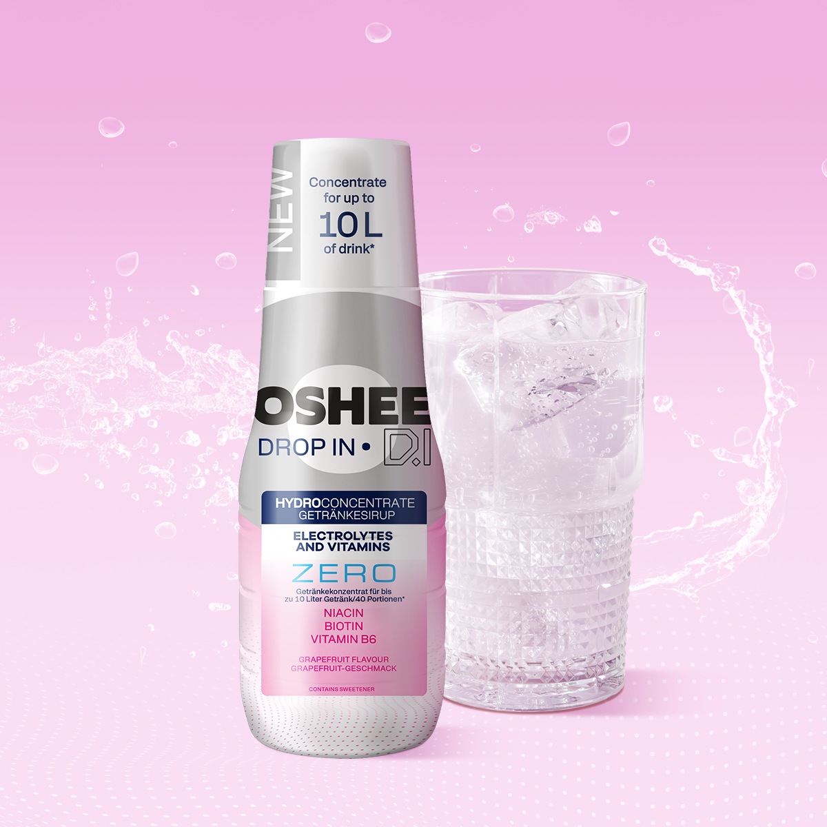 Getränkesirup OSHEE DROP IN ZERO – Grapefruit – Elektrolyte und Vitamine – 500 ml + Thermosflasche aus Edelstahl, schwarz, 500 ml