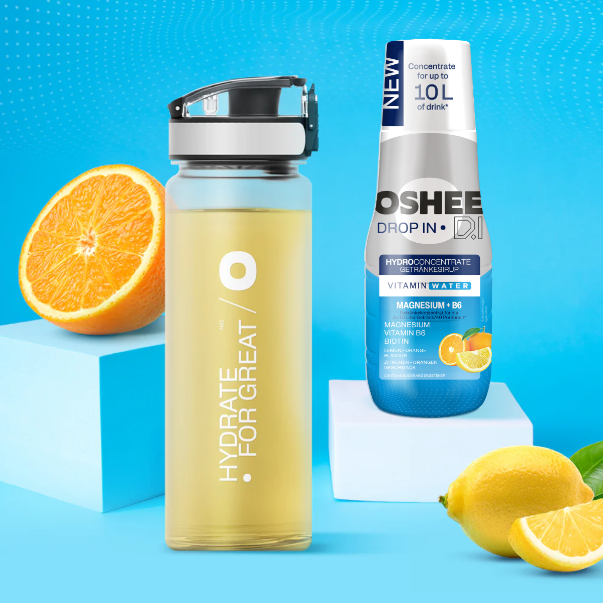 Getränkesirup OSHEE DROP IN Zitrone-Orange – Vitamine und Magnesium – 500 ml + Plastik-Trinkflasche 750 ml Tritan