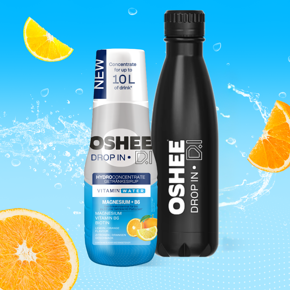 Getränkesirup OSHEE DROP IN Zitrone-Orange – Vitamine und Magnesium – 500 ml + Thermosflasche aus Edelstahl, schwarz, 500 ml