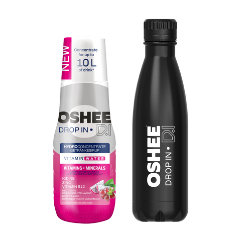 Getränkesirup OSHEE DROP IN Rote Traube-Drachenfrucht – Vitamine und Mineralstoffe – 500 ml + Thermosflasche aus Edelstahl, schwarz, 500 ml
