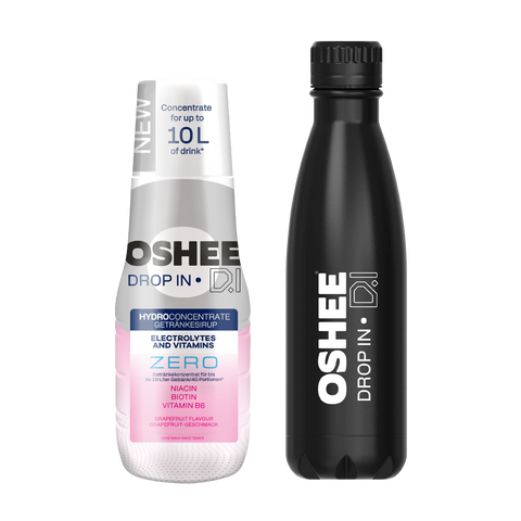 Getränkesirup OSHEE DROP IN ZERO – Grapefruit – Elektrolyte und Vitamine – 500 ml + Thermosflasche aus Edelstahl, schwarz, 500 ml