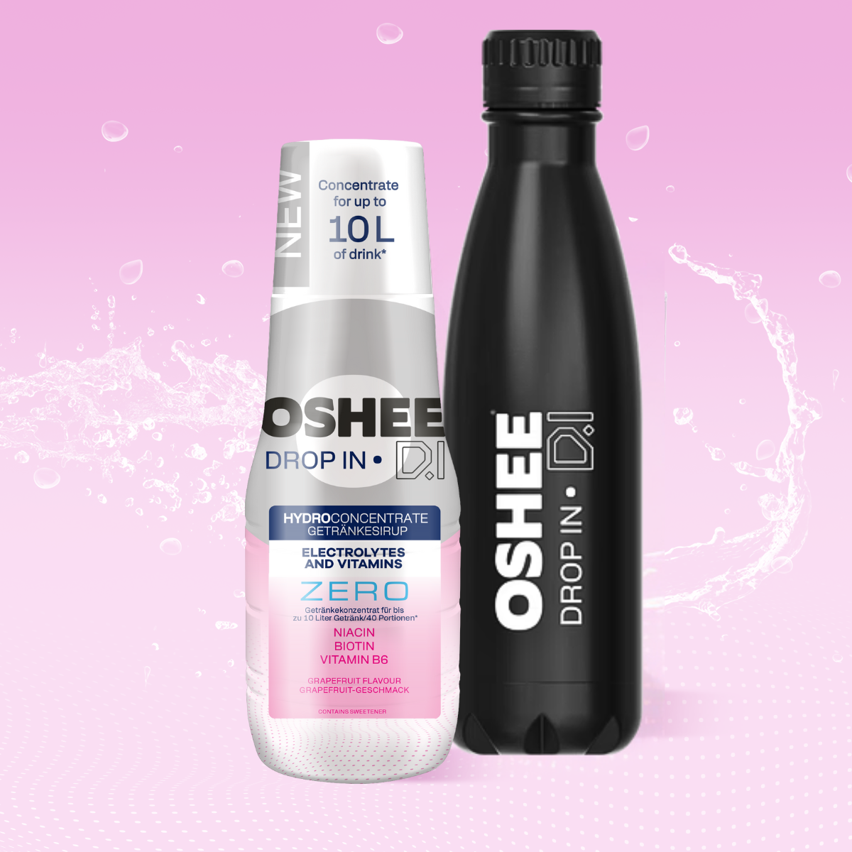 Getränkesirup OSHEE DROP IN ZERO – Grapefruit – Elektrolyte und Vitamine – 500 ml + Thermosflasche aus Edelstahl, schwarz, 500 ml