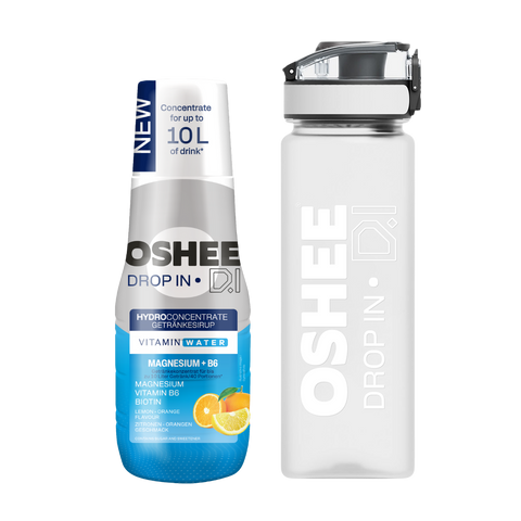 Getränkesirup OSHEE DROP IN Zitrone-Orange – Vitamine und Magnesium – 500 ml + Plastik-Trinkflasche 750 ml Tritan