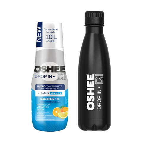 Getränkesirup OSHEE DROP IN Zitrone-Orange – Vitamine und Magnesium – 500 ml + Thermosflasche aus Edelstahl, schwarz, 500 ml