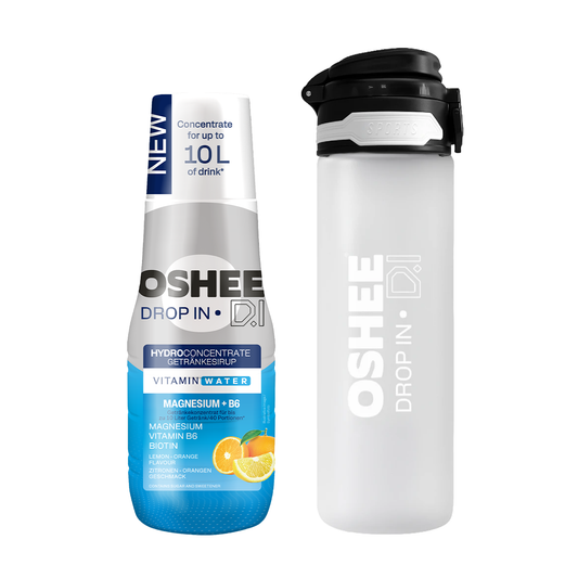 OSHEE DROP IN Lemon-Orange Drinking Syrup – Vitamins and Magnesium – 500 ml + 750 ml Tritan Plastic Drinking Bottle