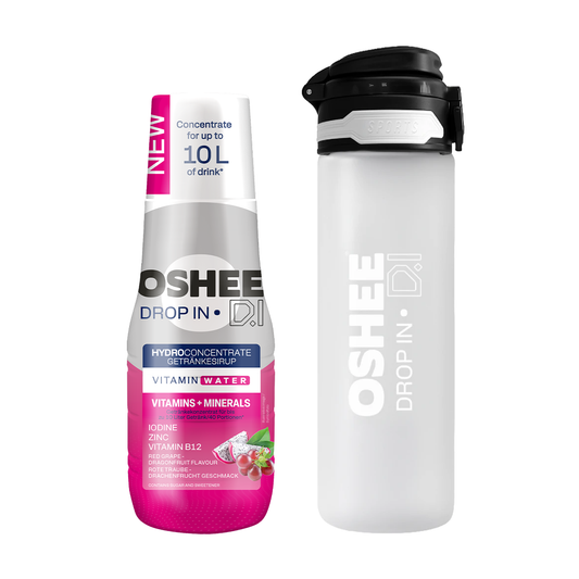 OSHEE DROP IN Beverage Syrup Red Grape Dragon Fruit – Vitamins and Minerals – 500 ml + 750 ml Tritan Plastic Drinking Bottle