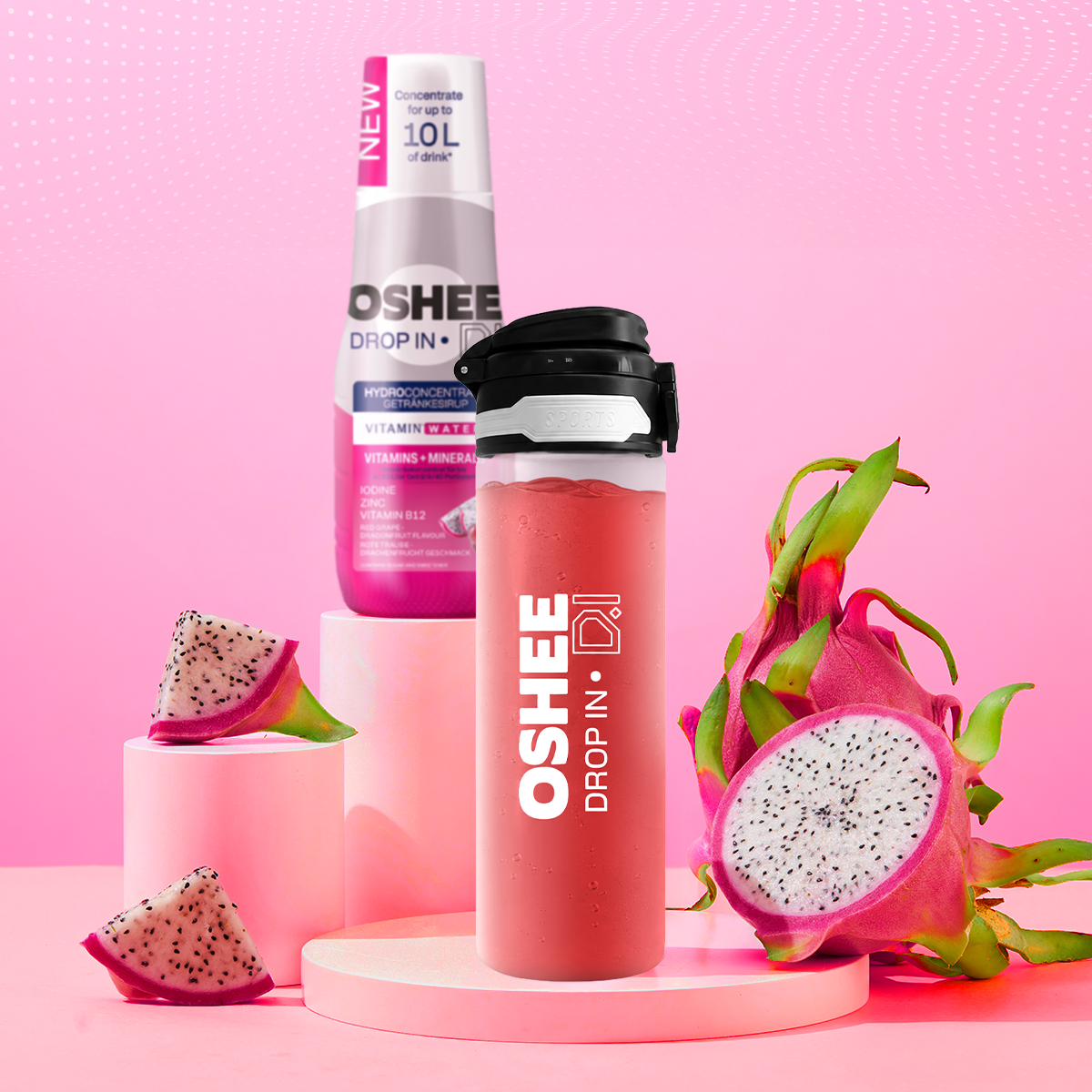 OSHEE DROP IN Beverage Syrup Red Grape Dragon Fruit – Vitamins and Minerals – 500 ml + 750 ml Tritan Plastic Drinking Bottle
