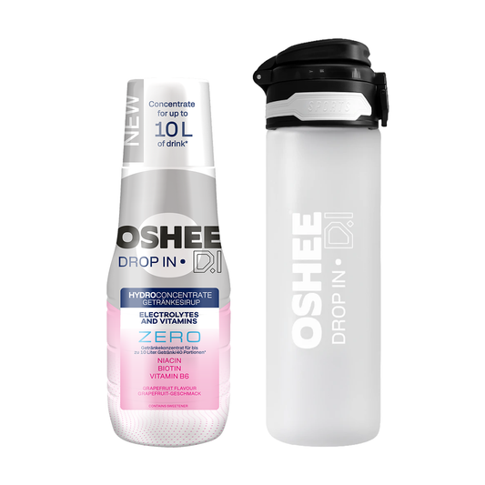 Getränkesirup OSHEE DROP IN ZERO – Grapefruit – Elektrolyte und Vitamine – 500 ml + TRANSPARENTE 650-ML-FLASCHE AUS ROBUSTEM TRITAN